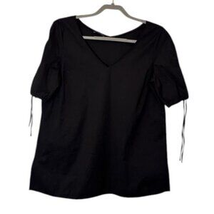 Lafayette 148 New York puff tie sleeves V neck blouse black women's size L